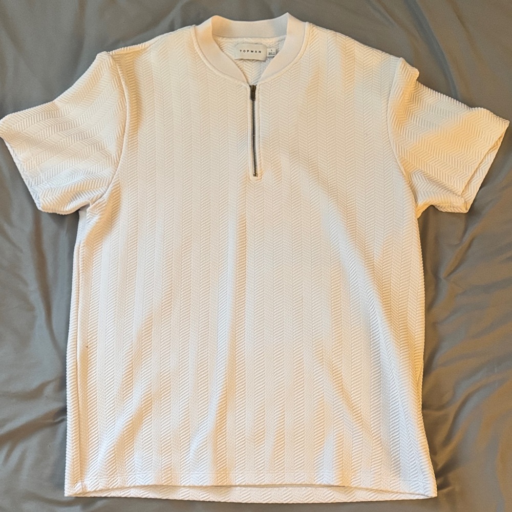Topman Cream Textured Zip-Up Polo Shirt